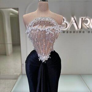 Lux Crystal Illusion Beaded Corset Gown Black Velvet Draped Skirt Couture Dress